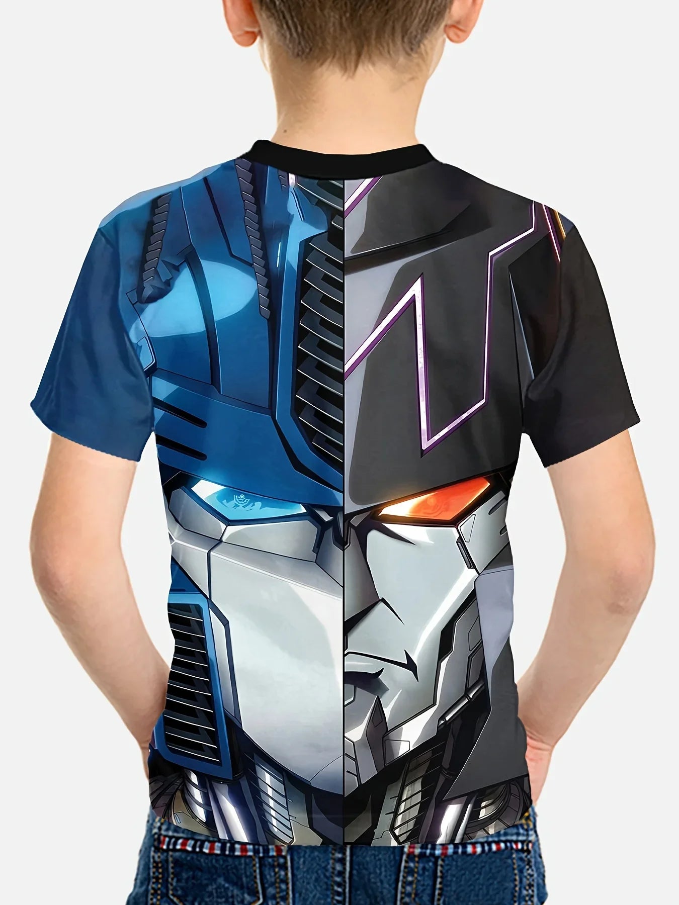 T-shirt enfant avec grand motif demi-Optimus Prime demi-Megatron, couleurs vives – Transformers.