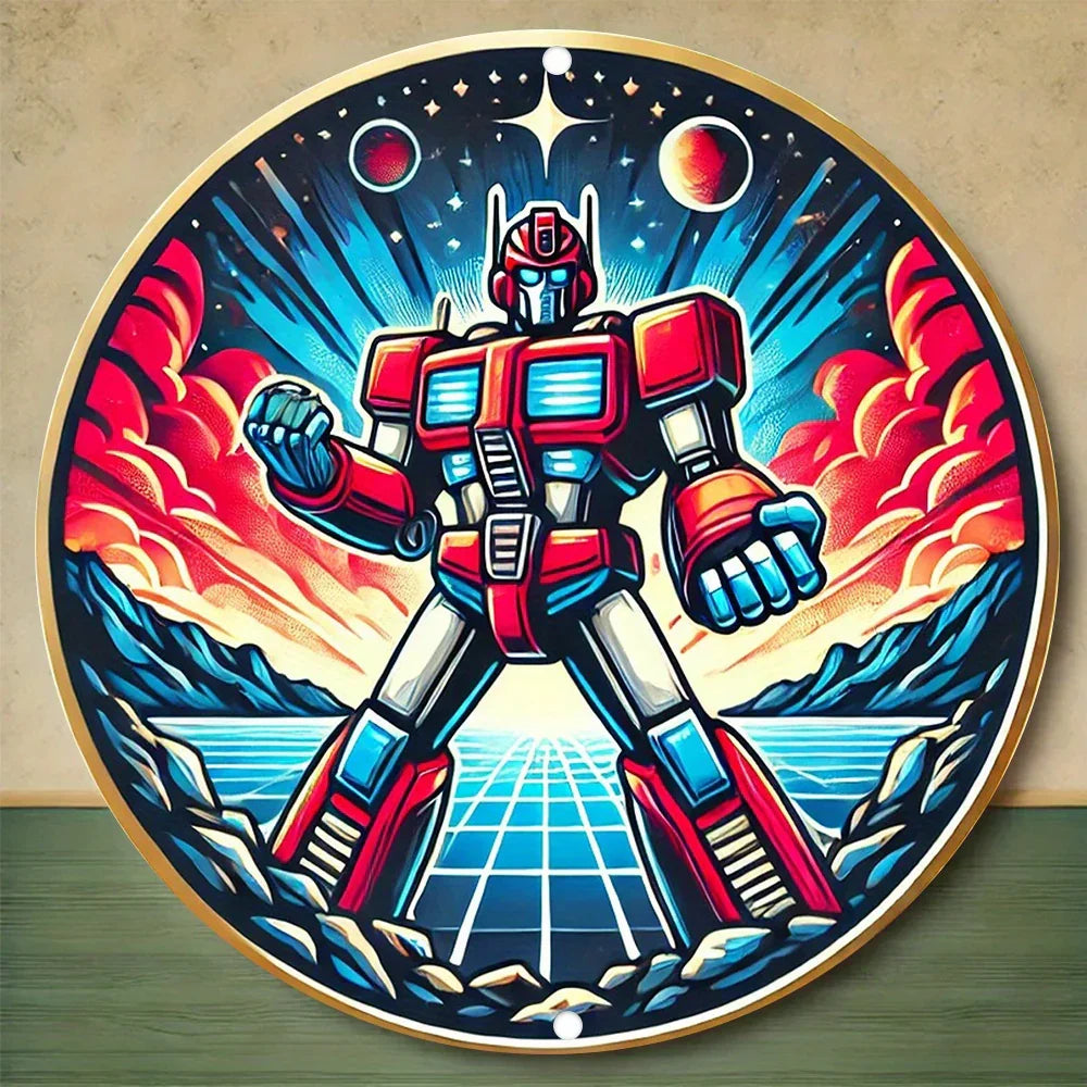 Plaque murale ronde avec robot rouge et bleu debout devant un paysage futuriste coloré – Transformers.