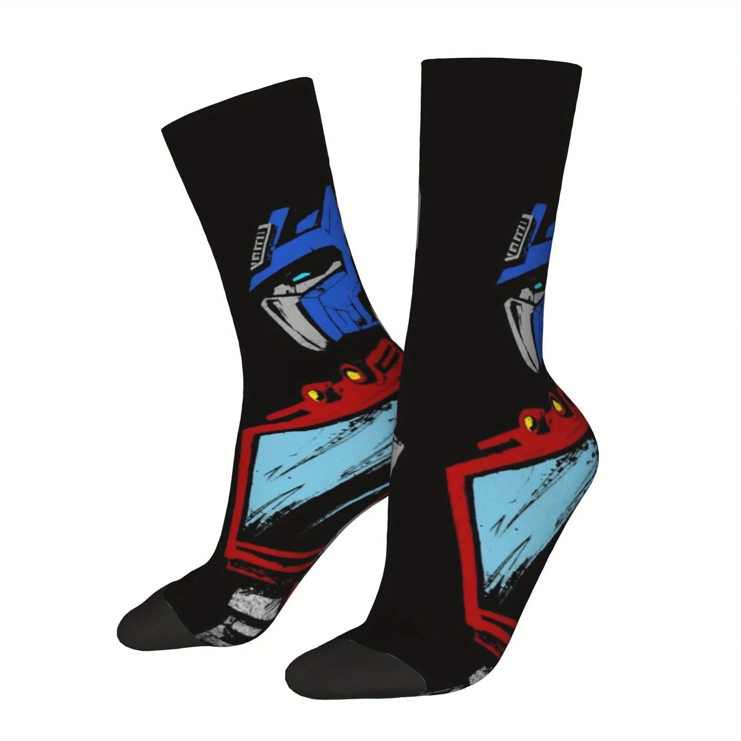 Chaussettes noires avec design Optimus Prime bleu et rouge, style graphique – Transformers.