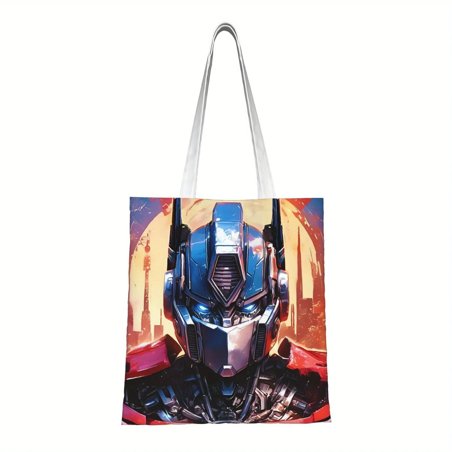 Sac fourre-tout avec visage du robot Optimus Prime en gros plan, fond coloré orange et bleu – Transformers.
