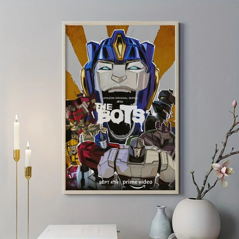 Poster animé de robots Transformers en couleurs vives sur mur gris, style graphique – Transformers.