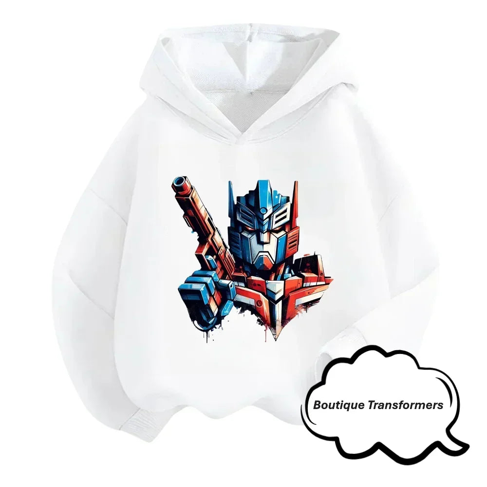 Sweat à capuche blanc avec dessin coloré d’Optimus Prime en posture dynamique – Transformers.