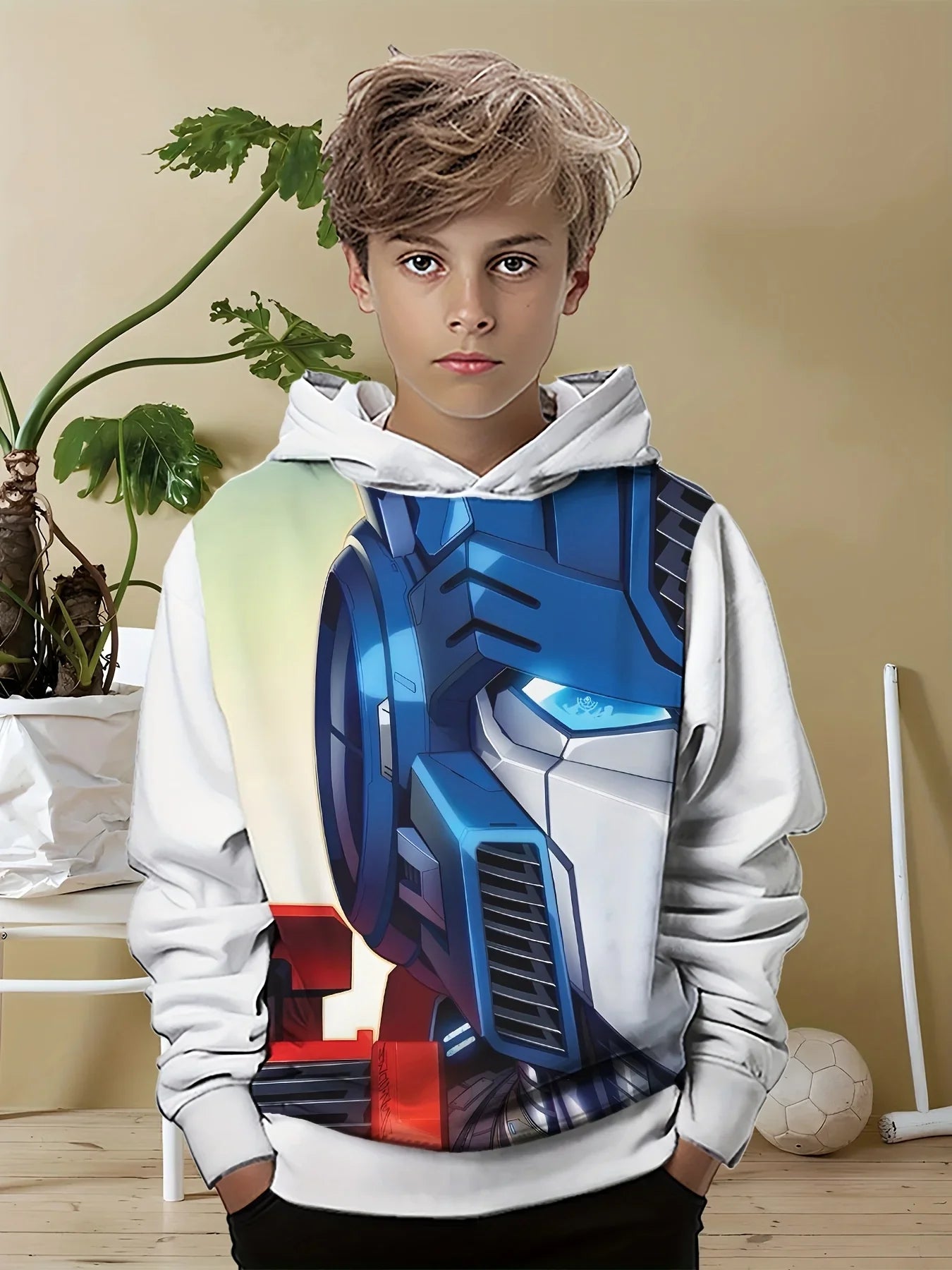 Garçon portant un sweat à capuche blanc avec impression visage robot bleu, plante décorative – Transformers.