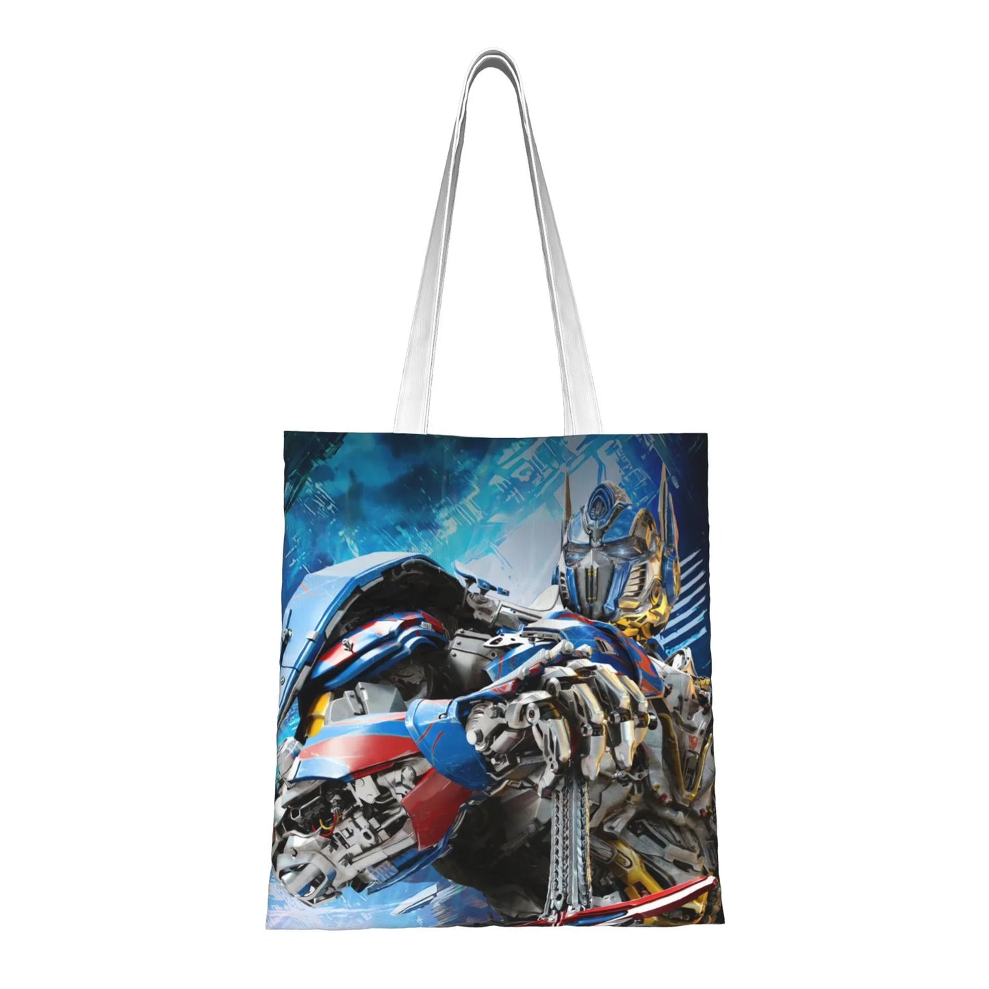 Sac cabas avec illustration colorée d’un robot métallique bleu et rouge sur fond bleu – Transformers.