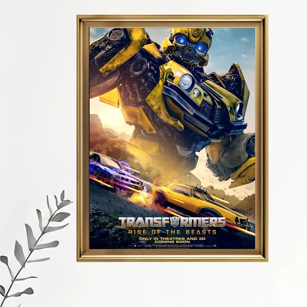 Affiche encadrée Transformers Rise of the Beasts avec robot jaune Bumblebee, voitures et explosion – Transformers.