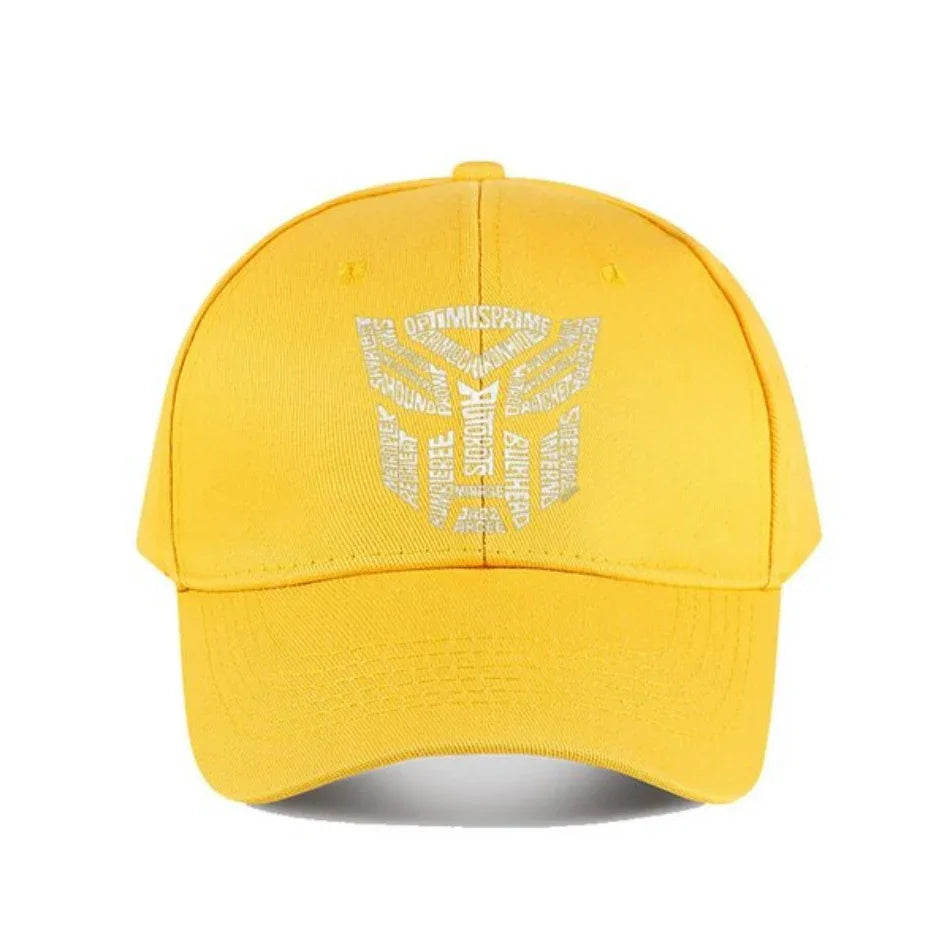 Casquette jaune avec logo Autobots en texte blanc au centre, style moderne – Transformers.