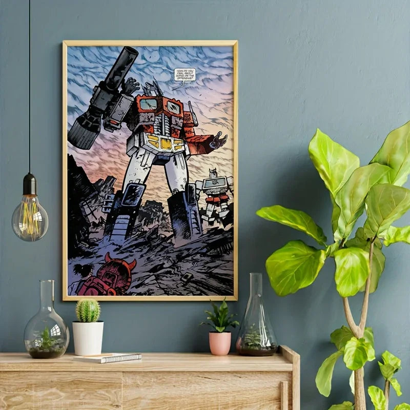 Affiche murale Optimus Prime en style BD, couleurs vives, décor moderne, plantes – Transformers.