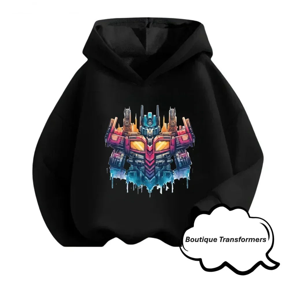 Sweat à capuche noir avec motif coloré Optimus Prime en style graphique – Transformers.