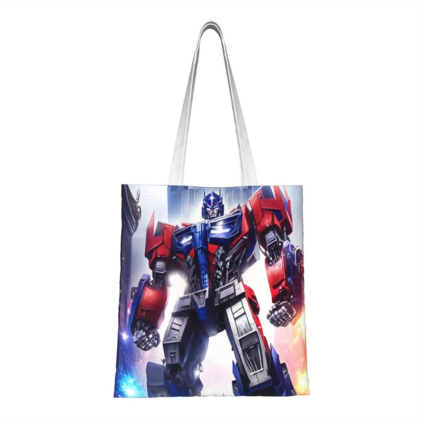 Sac cabas avec illustration d’un robot rouge et bleu en posture puissante, fond urbain – Transformers.