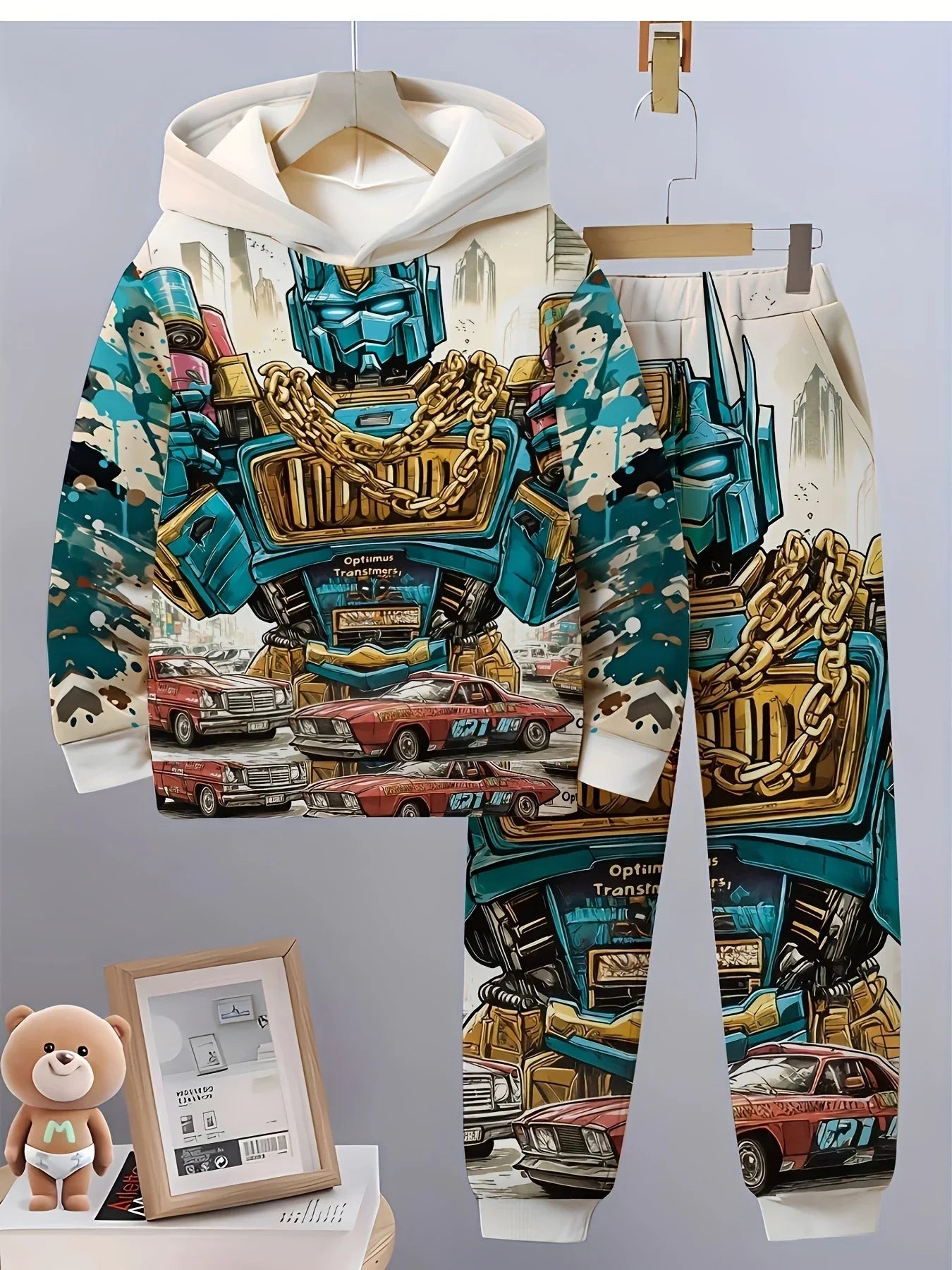 Ensemble enfant à capuche imprimé Optimus Prime bleu or avec voitures et immeubles, style urbain – Transformers.