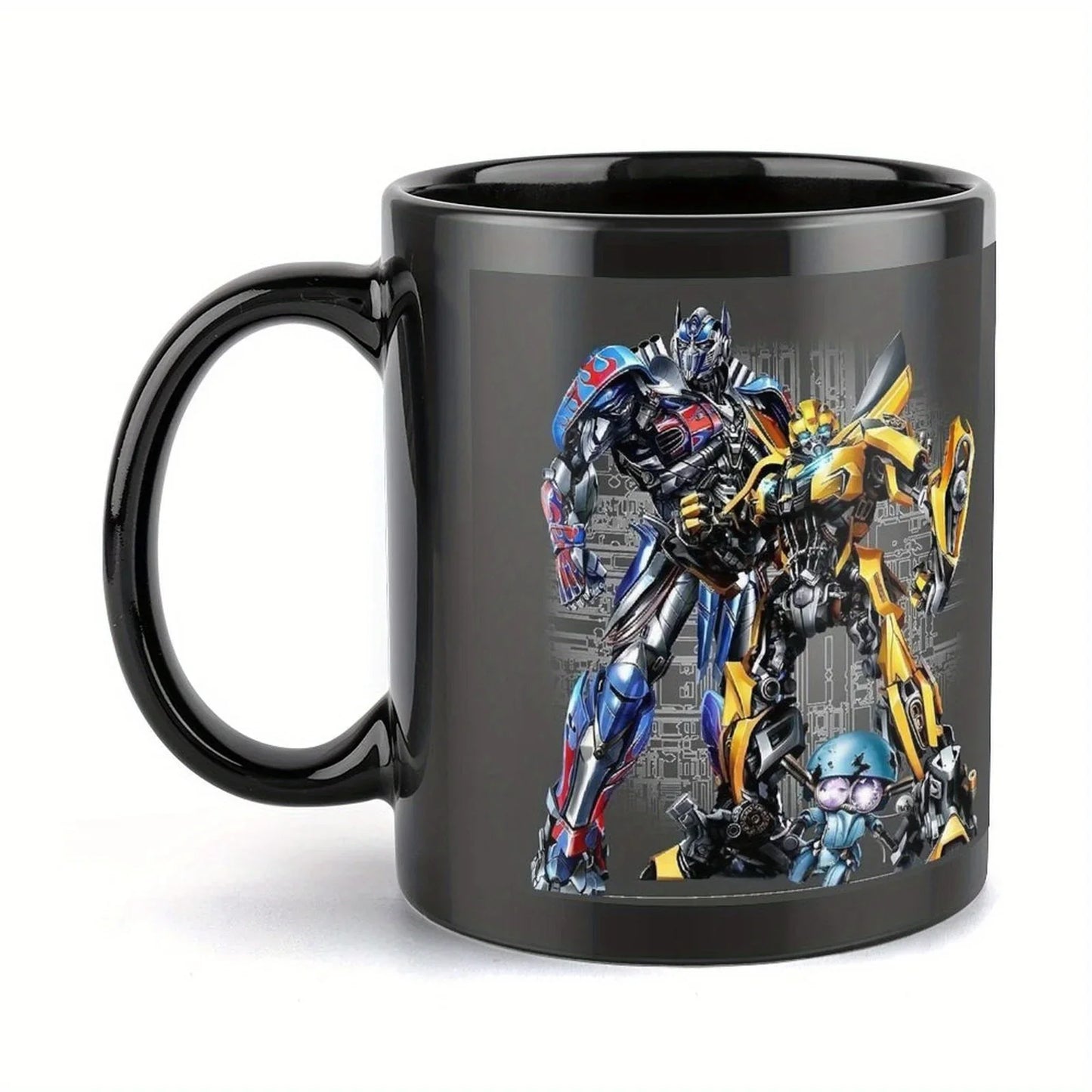 Mug noir avec impression de robots Optimus Prime et Bumblebee en couleurs vives, fond gris – Transformers.