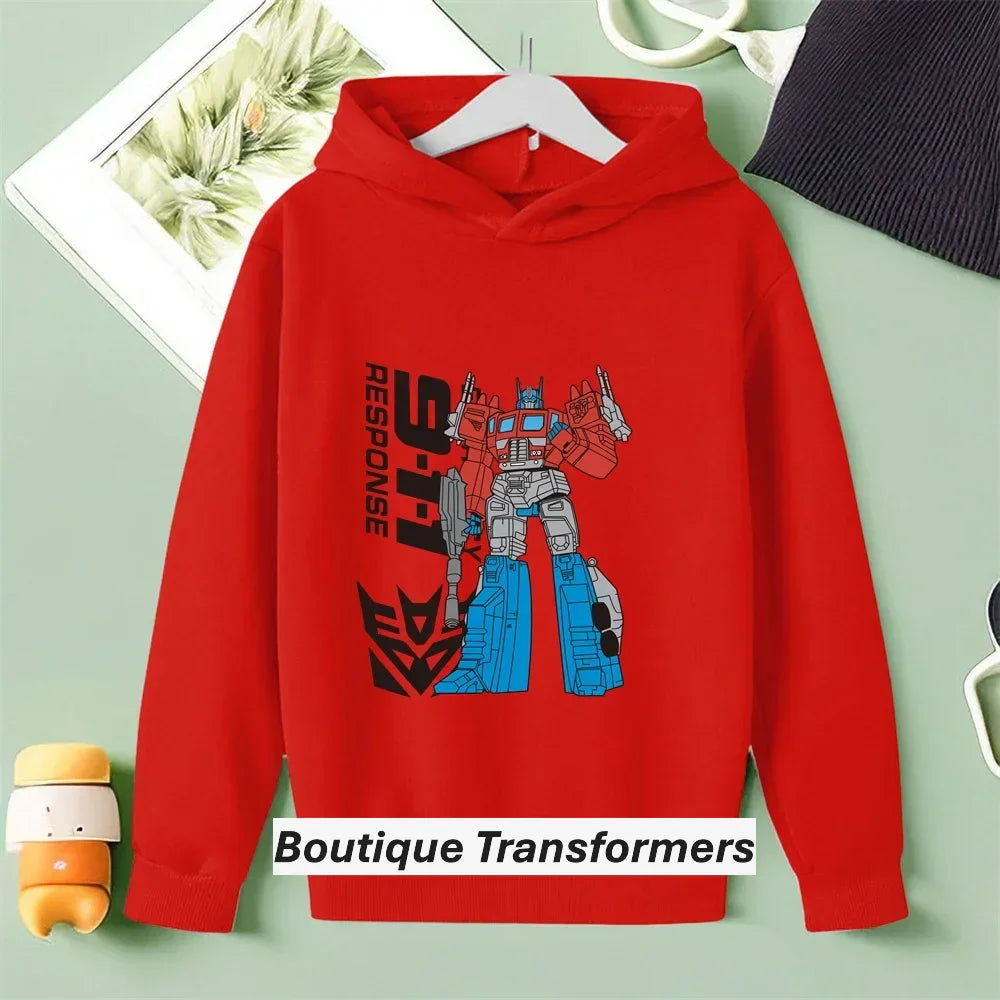 Sweat à capuche rouge enfant avec Optimus Prime, texte et logo, style dessin animé – Transformers.