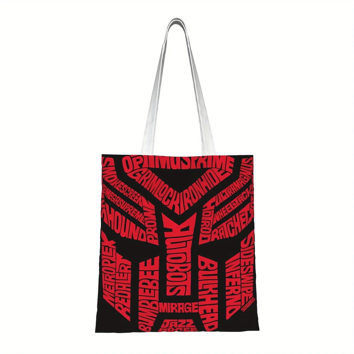 Sac cabas noir avec logo Autobots rouge formé de noms de personnages célèbres – Transformers.