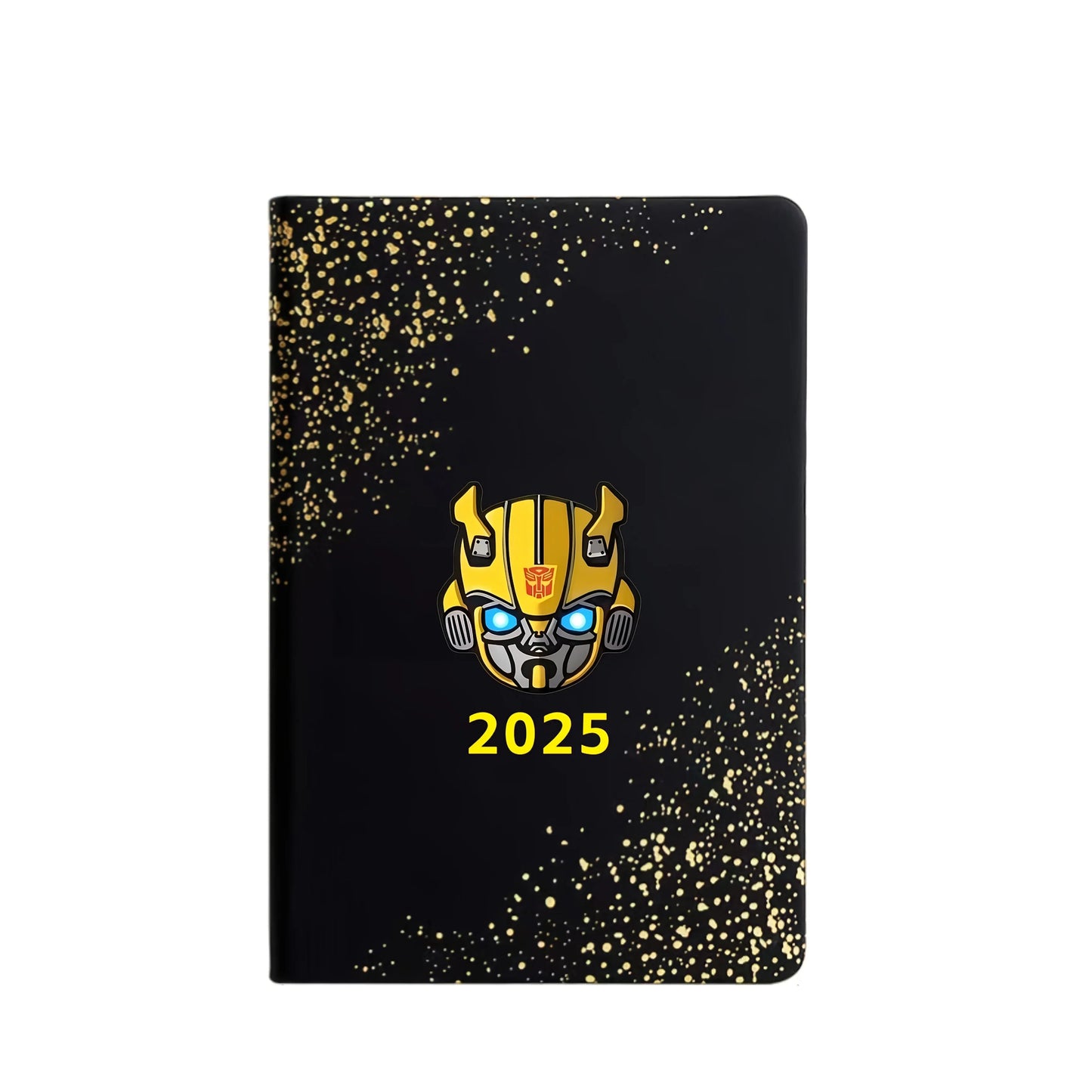 Agenda 2025 noir avec motif tête Bumblebee jaune, décor doré moderne – Transformers.