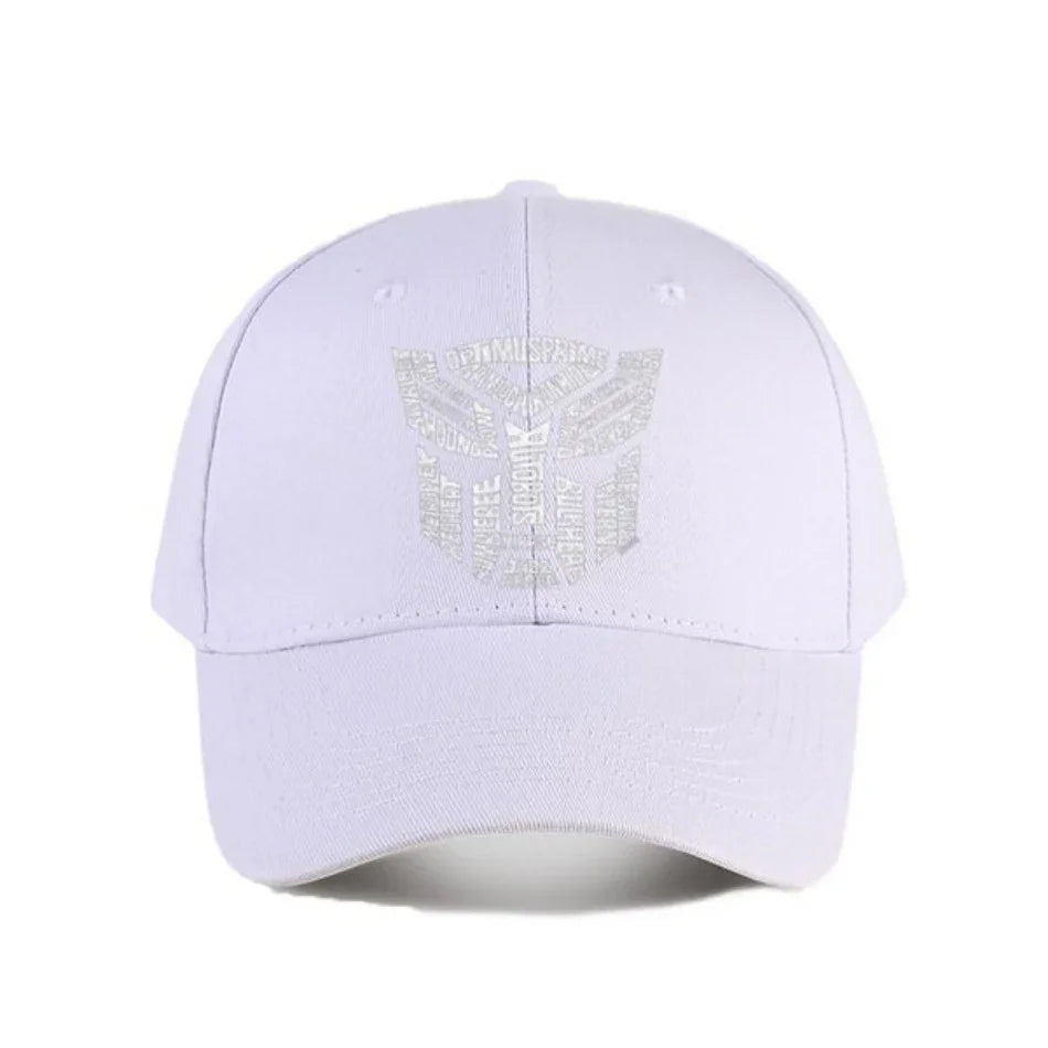 Casquette blanche avec logo Autobots argenté et motifs textuels stylisés au centre – Transformers.