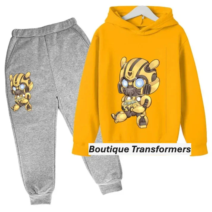 Ensemble enfant gris et jaune avec sweat à capuche Bumblebee assis, style dessin animé – Transformers.