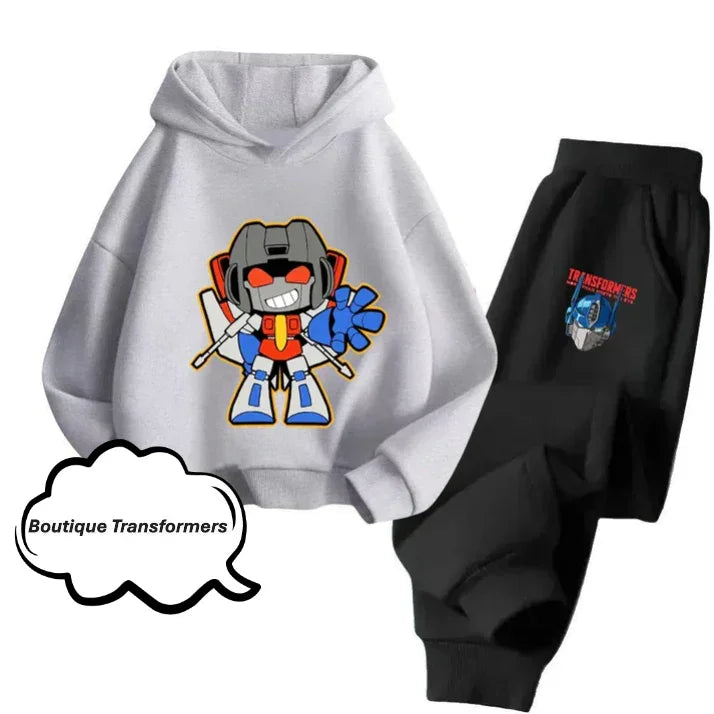 Ensemble enfant gris-noir avec hoodie et pantalon, motif Mini Optimus Prime stylisé – Transformers.