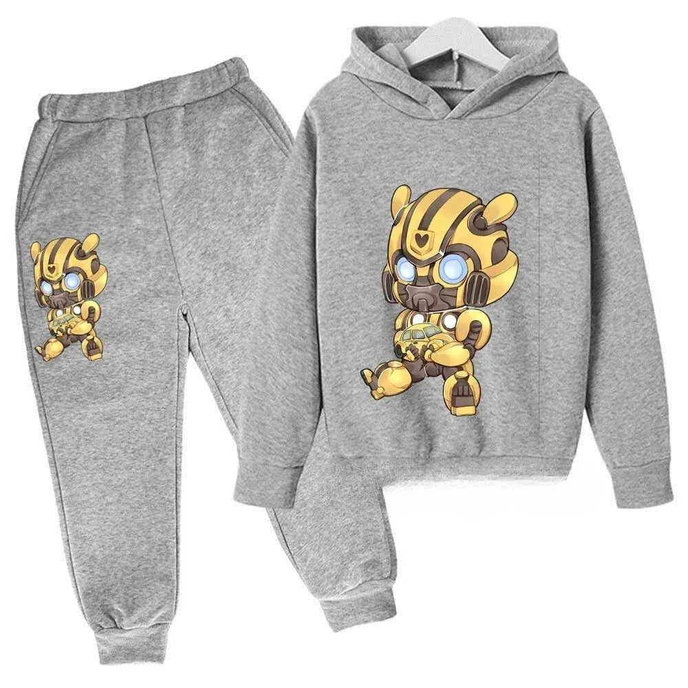 Ensemble enfant gris clair avec sweat à capuche et pantalon, motif Bumblebee jaune stylisé – Transformers.