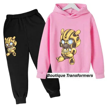 Ensemble enfant noir et rose avec sweat à capuche Bumblebee jaune stylisé sur fond uni – Transformers.