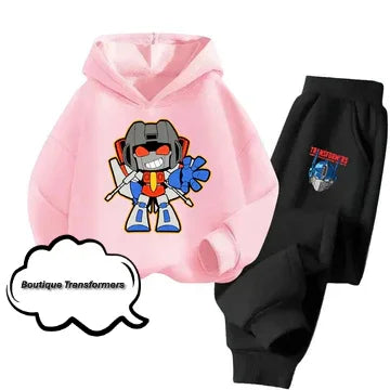 Ensemble enfant rose et noir avec sweat à capuche Optimus Prime stylisé sur fond uni – Transformers.