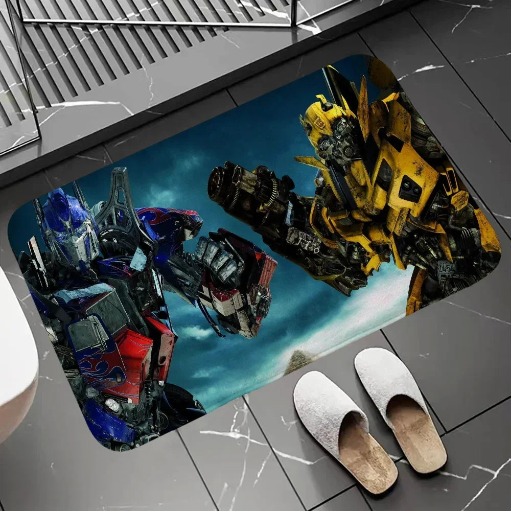 Tapis décoratif montrant deux robots Transformers colorés sur un sol carrelé gris – Transformers.