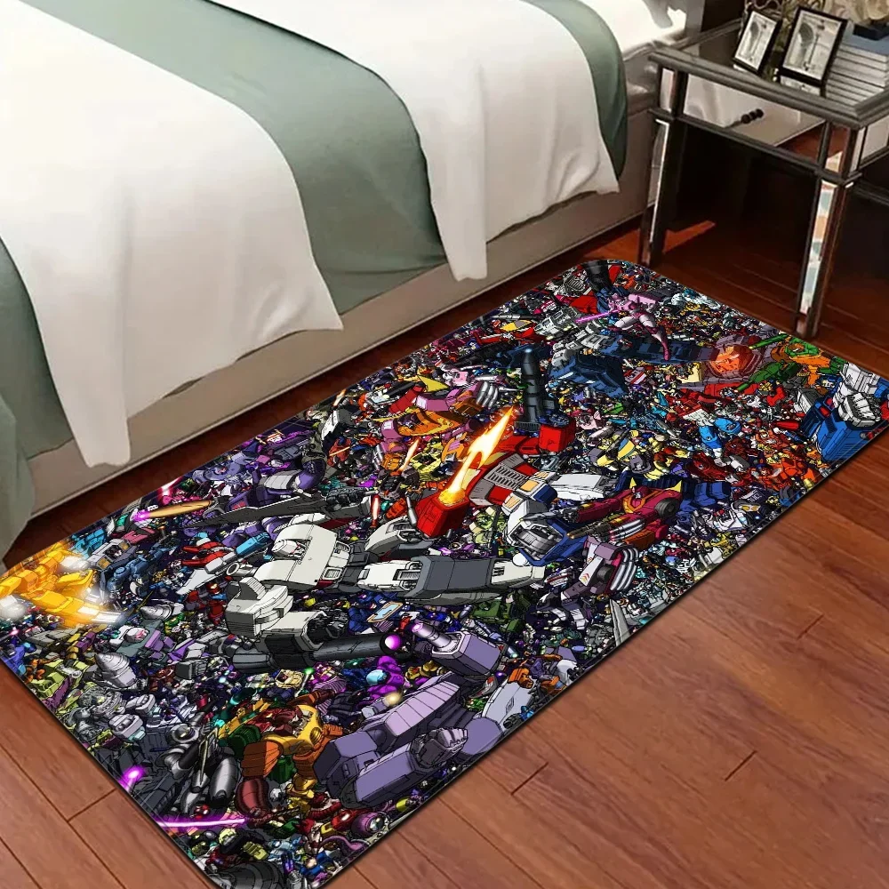 Tapis décoratif coloré avec de nombreux robots Transformers dessinés, posé près d’un lit – Transformers.