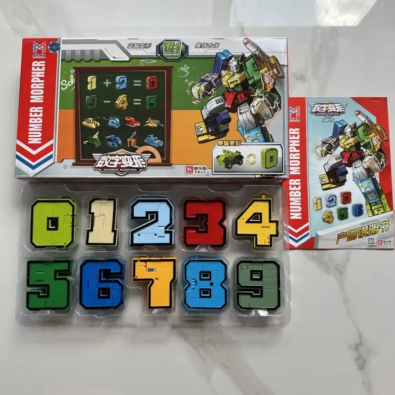 Boîte de jouet Number Morpher avec chiffres colorés et robot transformable sur fond blanc – Transformers.