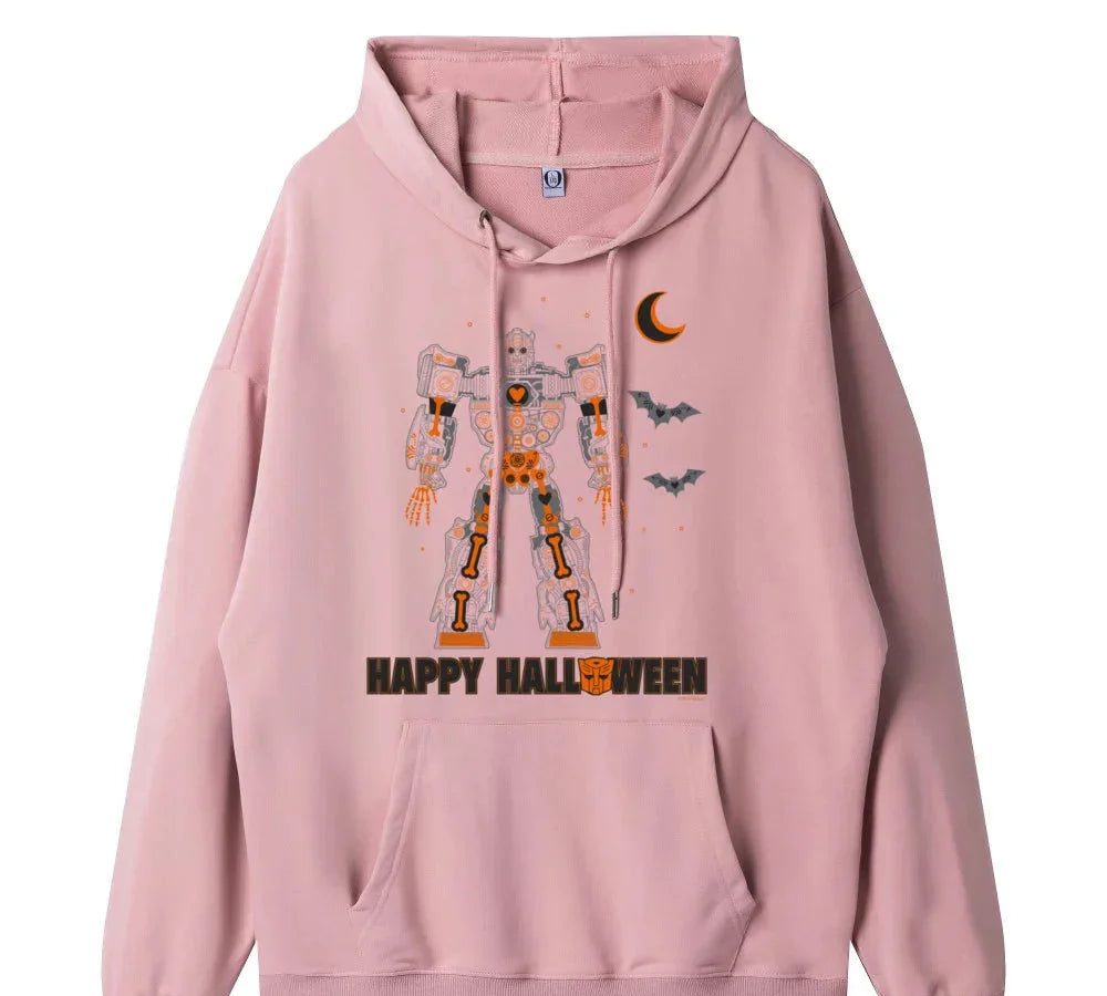 Sweat à capuche rose avec robot Transformers, motifs chauves-souris, lune orange et texte Halloween – Transformers.