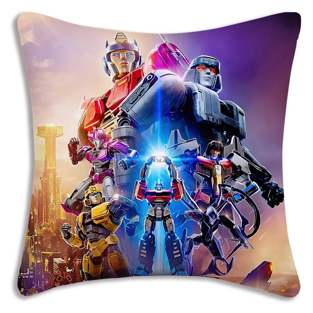 Coussin décoratif avec robots Transformers colorés, postures dynamiques, fond futuriste lumineux – Transformers.