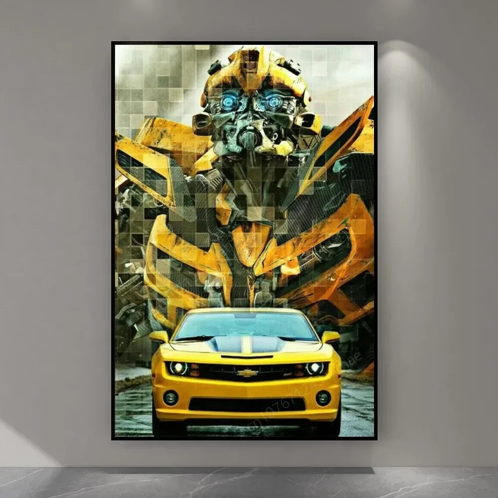 Affiche murale Bumblebee jaune robot et voiture sport devant un fond urbain – Transformers.