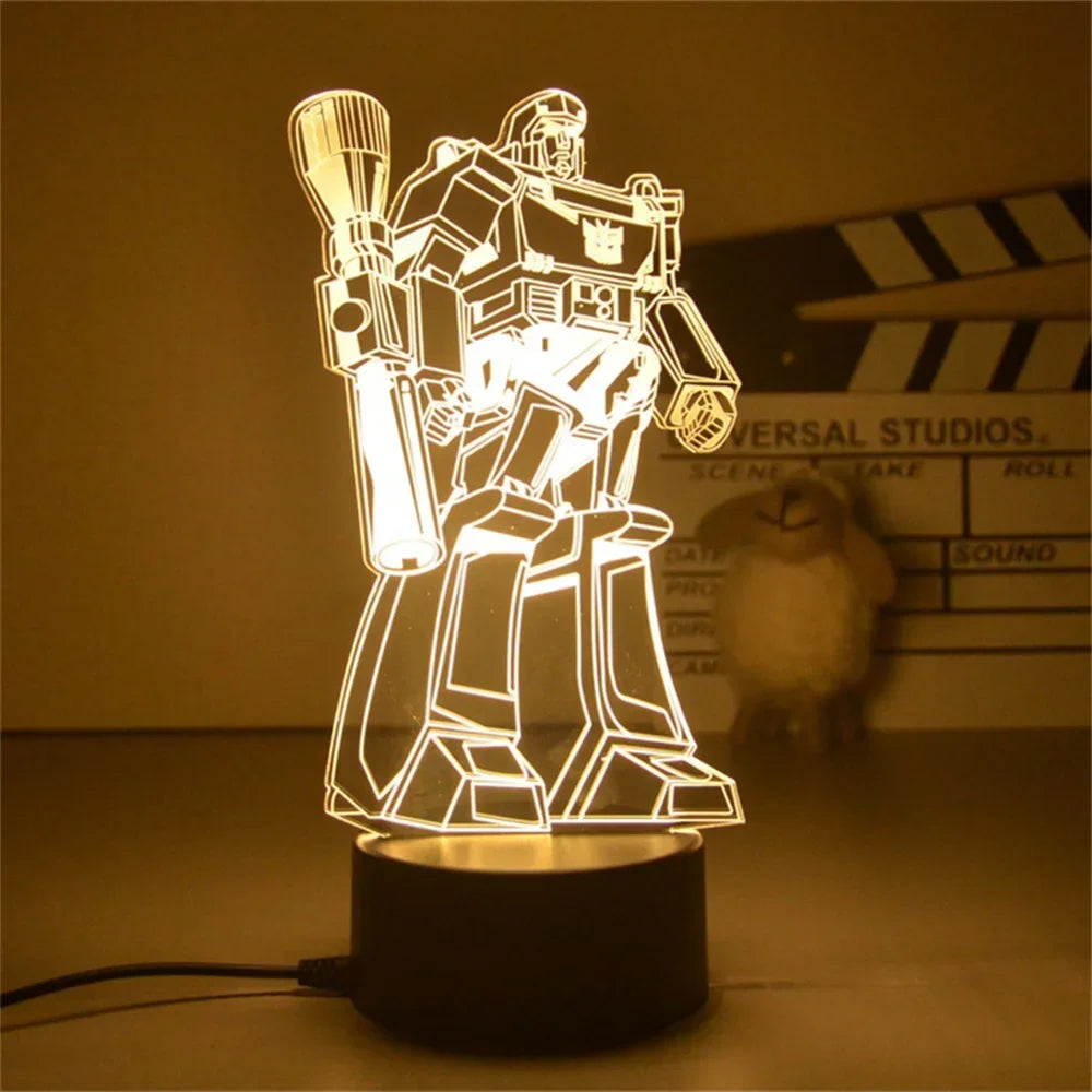 Lampe LED décorative Megatron en acrylique, silhouette jaune, sur fond sombre – Transformers.