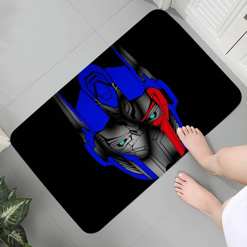 Tapis de bain noir avec visage de robot bleu, gris et rouge, style moderne – Transformers.