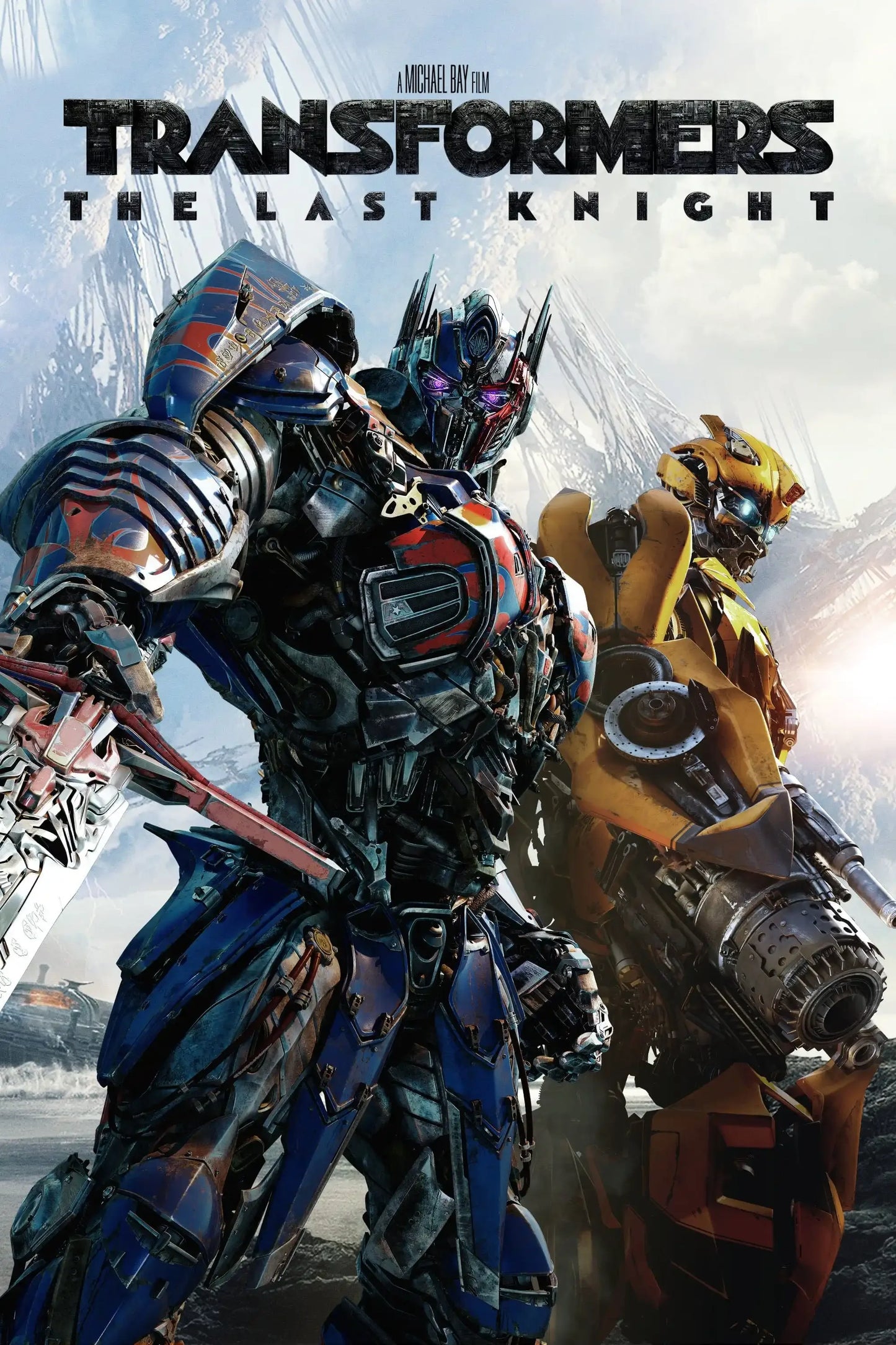 Affiche du film Transformers The Last Knight avec deux robots colorés, décor de ruines, style futuriste – Transformers.