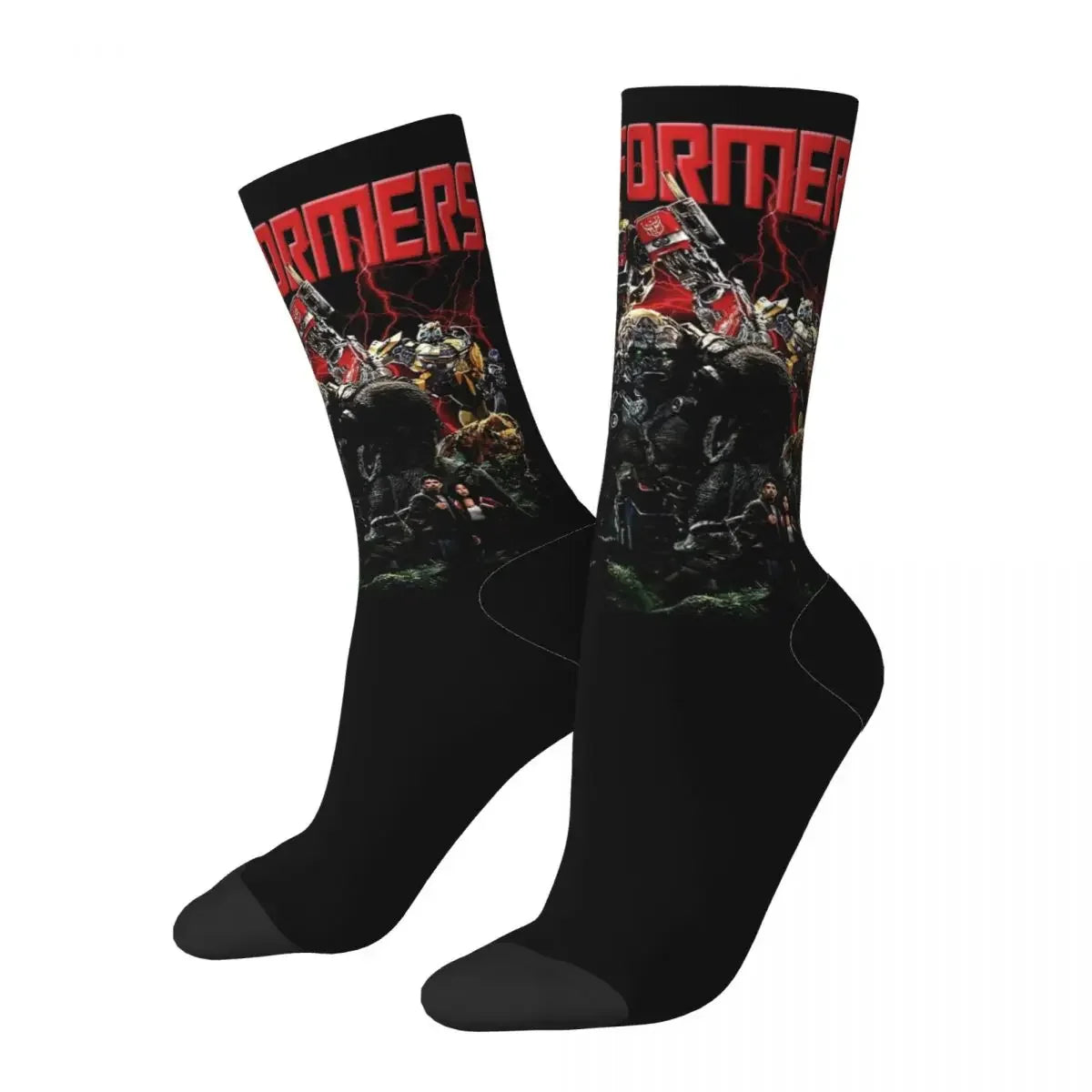 Chaussettes noires avec imprimé robots et personnages colorés, logo rouge, style dynamique – Transformers.