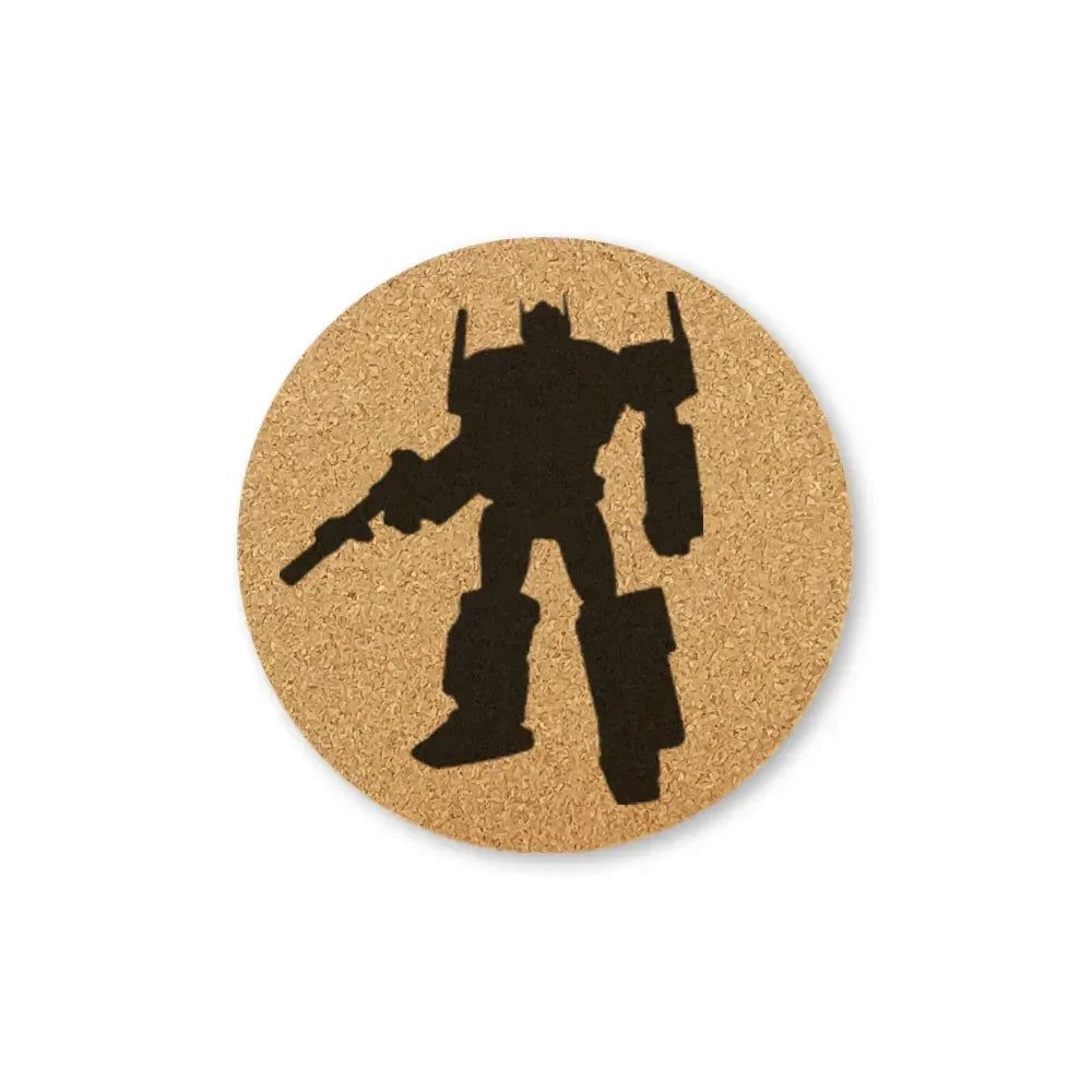 Dessous de verre rond en liège, silhouette noire de robot armé, style minimaliste – Transformers.