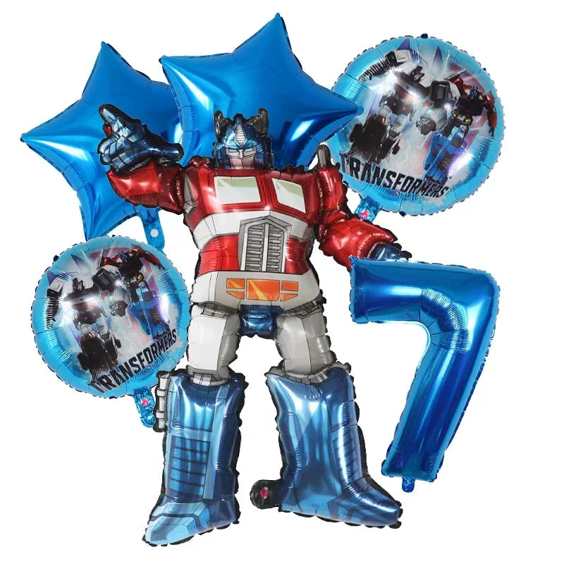 Ballons métalliques Optimus Prime, étoiles et chiffre 7 bleu, décor robot – Transformers.