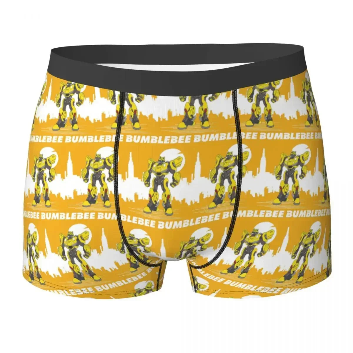 Boxer jaune orné de motifs Bumblebee debout sur fond de ville, style comics – Transformers.