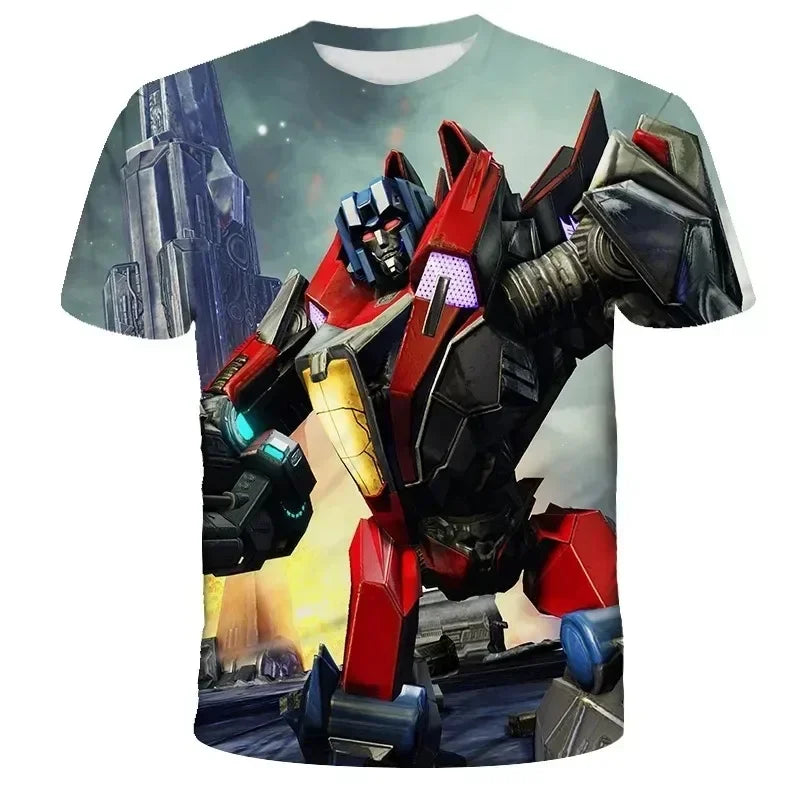 T-shirt à motif robot rouge et bleu en posture dynamique sur fond urbain futuriste – Transformers.
