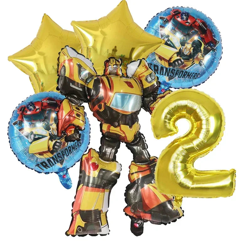 Bouquet de ballons Transformers avec robot jaune, deux étoiles dorées, chiffre 2 et ballons décorés – Transformers.