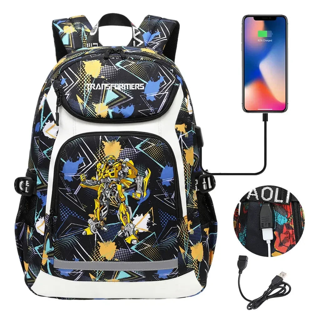Sac à dos noir et blanc Bumblebee, port USB, motifs graphiques colorés – Transformers.