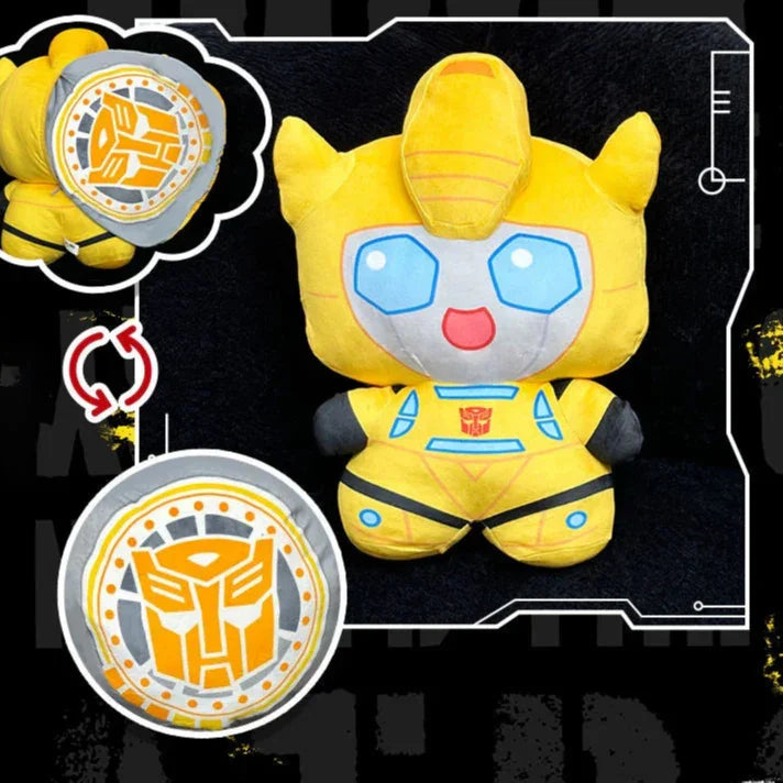 Peluche Bumblebee jaune assis avec logo Autobots, visage souriant, décor noir – Transformers