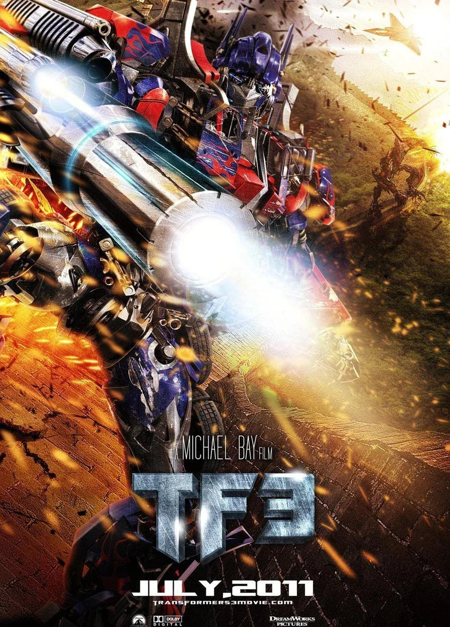 Affiche du film TF3 avec un robot géant armé, posture de combat, décor explosif, couleurs vives – Transformers.
