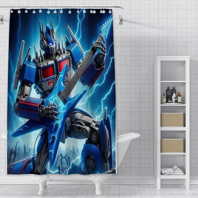 Rideau de douche robot bleu jouant de la guitare électrique, éclair bleu, style dynamique – Transformers.