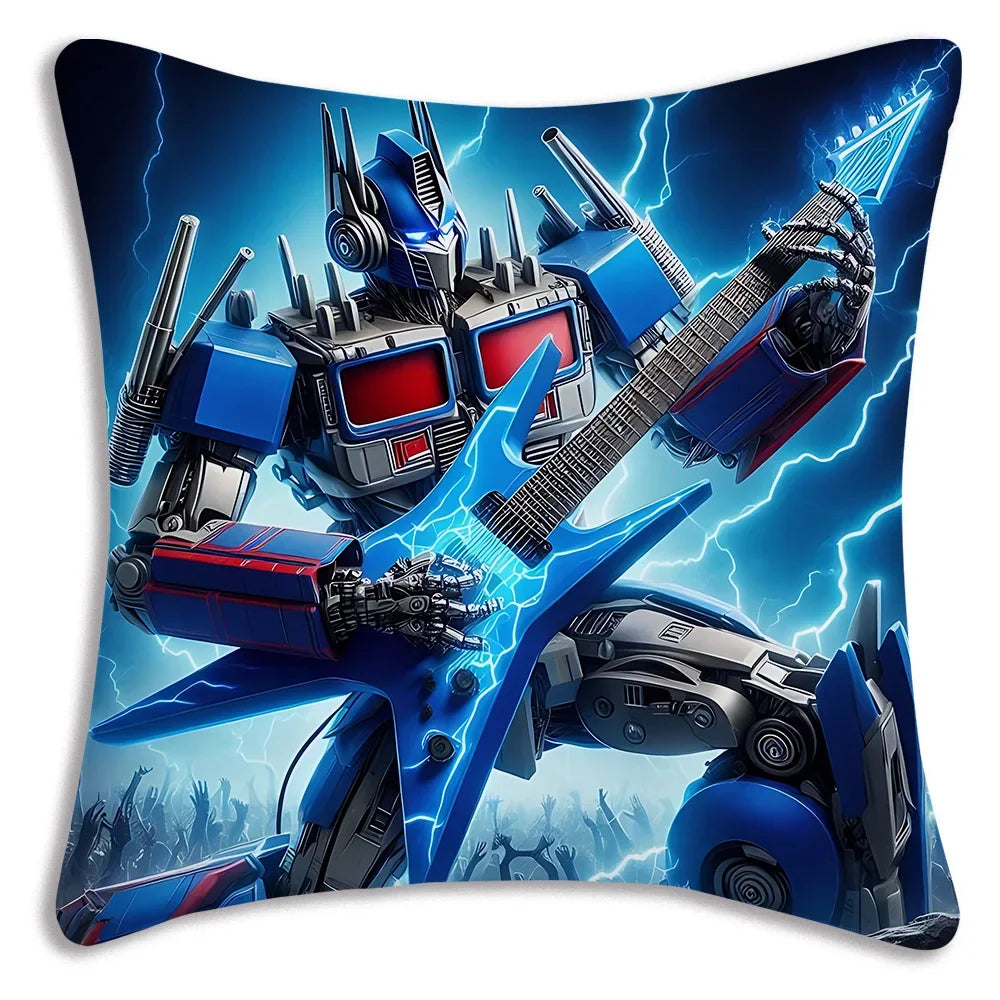 Coussin décoratif robot bleu style Transformers jouant de la guitare électrique, fond éclair – Transformers.