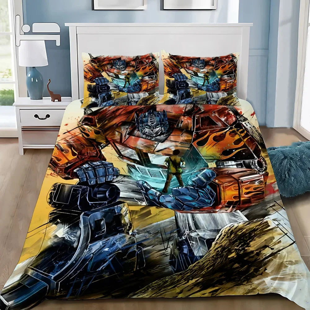 Parure de lit Optimus Prime stylisée, robot en posture héroïque, couleurs vives et fond mécanique – Transformers.