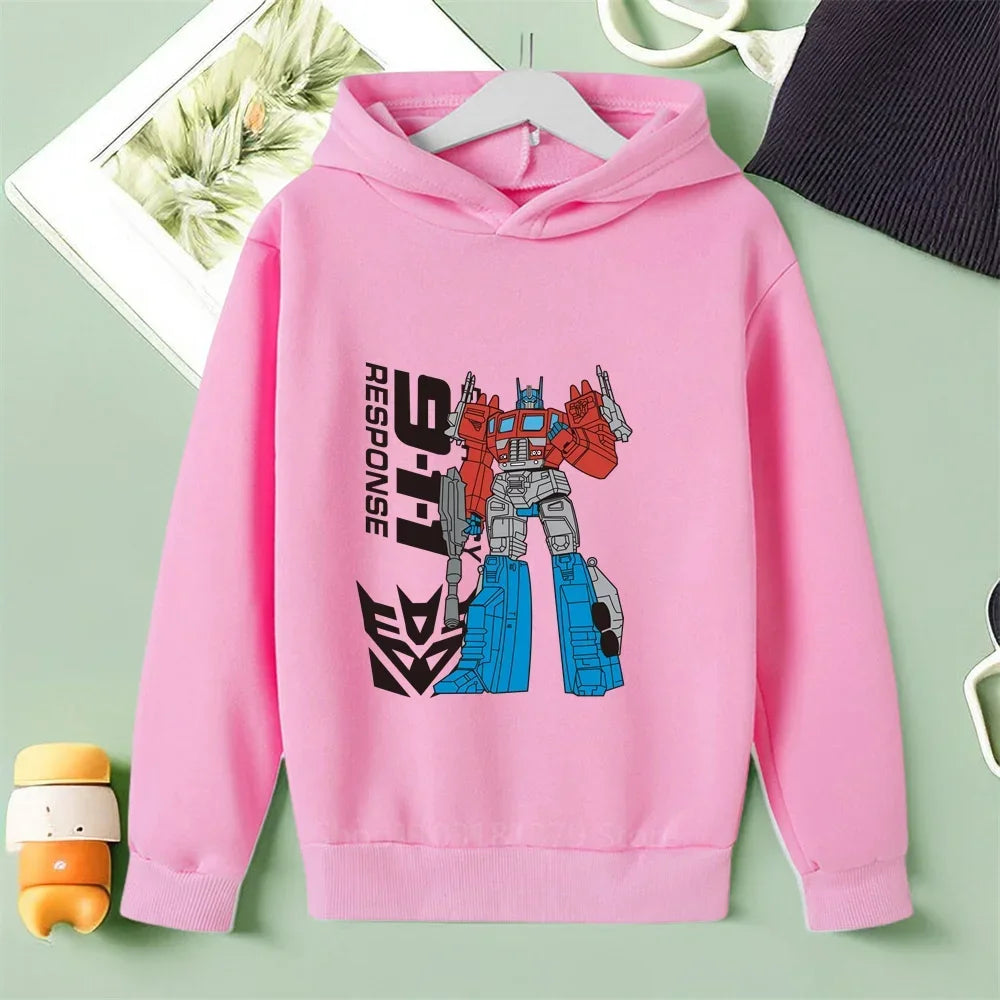 Sweat à capuche rose avec dessin de robot Optimus Prime, texte 911 Response, style cartoon – Transformers.