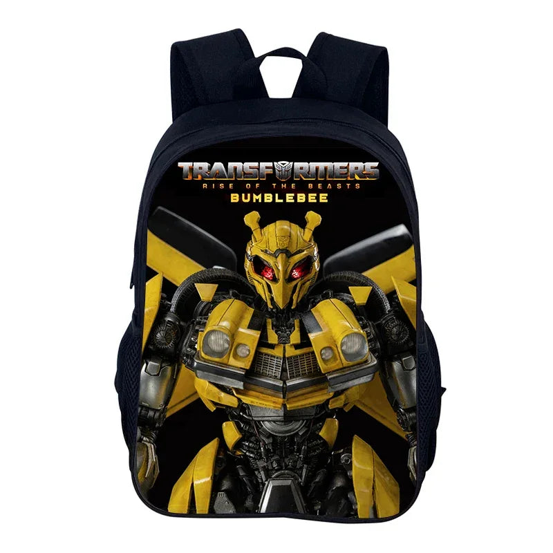 Sac à dos noir avec visuel de Bumblebee en robot jaune, regard rouge, sur fond noir – Transformers.
