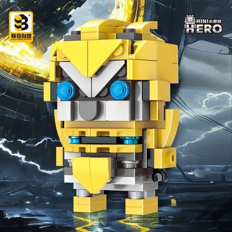 Figurine robot jaune de construction, yeux bleus, fond futuriste, style blocs – Transformers.