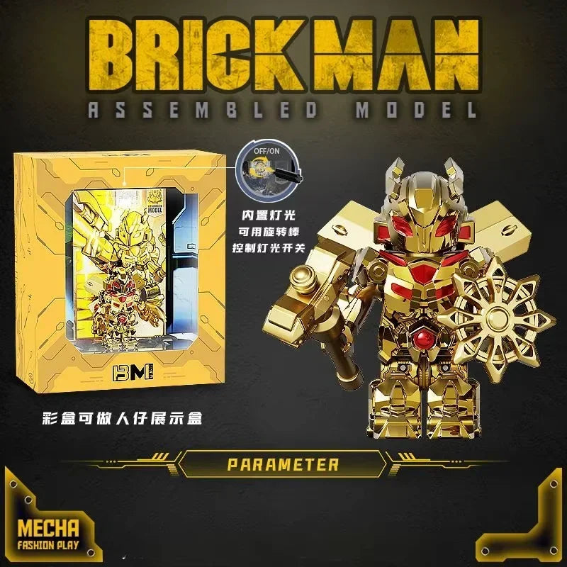 Modèle de robot Brick Man doré, armé d’un marteau, boîte jaune en décor – Transformers.