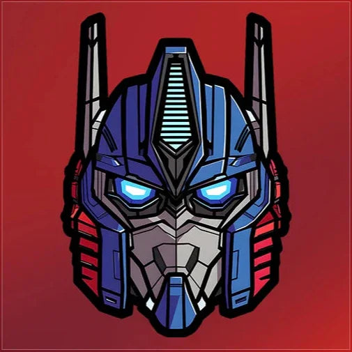 Sticker tête d’Optimus Prime bleu gris rouge, fond rouge dégradé, style dessin animé – Transformers.
